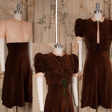 1930s Dress Set -  The Kilrea Dress - Fantastic Late 1930s Dress and Puffed Sleeve Jacket in Brown Velveteen and Pale Peach Lace 