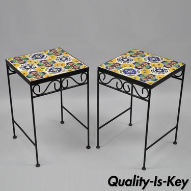 Pair of Vintage California 9 Tile Top Side Tables Yellow Blue Green Wrought Iron