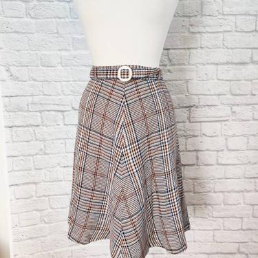 Vintage 60s 70s Plaid Wool Skirt with Belt // Brown and White Tartan Circle Skirt 