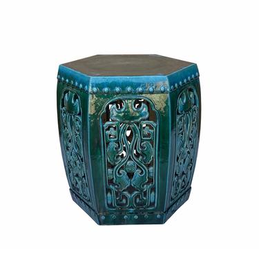 Ceramic Clay Green Turquoise Glaze Hexagon Motif Garden Stool Table cs6986E 