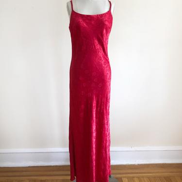 Red Satin Damask Maxi Slip Dress with Strappy Back- 1990s 