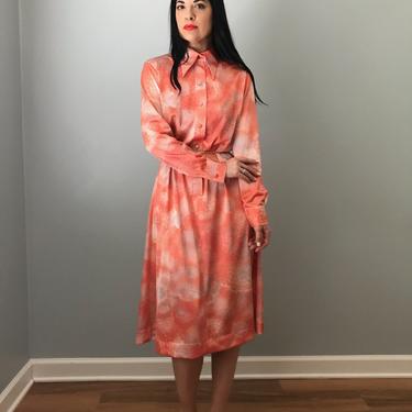 70s LANVIN floral print shirt dress | butterfly collared coral long sleeve dress 