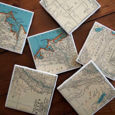 1939 Northern Egypt and Nile River Delta Map Coasters Set of 6 - Ceramic Tile - Repurposed Vintage 1930s Colliers Atlas - Handmade - Cairo 