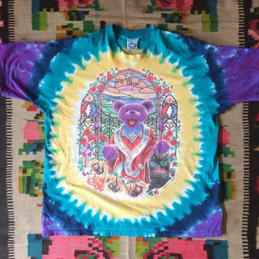 1990s Vintage Grateful Dead Bear Tie Dye T Shirt - St Stephen - Purple, Blue, Teal, &amp; Yellow by HighEnergyVintage