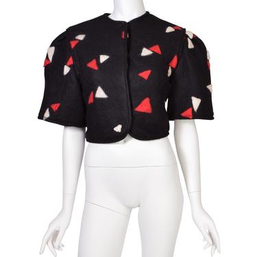 Cynthia Boyer Vintage Black Red White Triangle Print Boiled Wool Cropped Puff Sleeve Jacket
