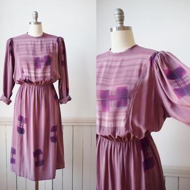 Vintage 1980s Hand Painted Plum Silk Dress | M | 80s/90s Purple Dress with Elastic Waist and Abstract Hand Printed Watercolor Design 