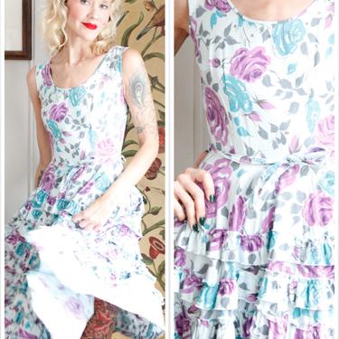 1950s Dress // Purple & Blue Floral Rhumba Ruffle Dress // vintage 50s dress 