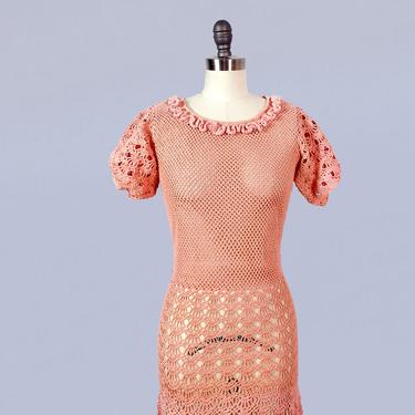 1930s Dress/ 30s Knit Dress / Cotton Crochet / Stripes / Puffed Sleeves 