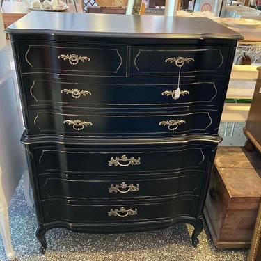 Black painted French provincial chest of drawers. 40” x 21” x 53”