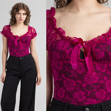 90s Magenta Floral Lace Top - Small | Vintage Sheer Puff Sleeve Scoop Ruffle Neck Shirt 