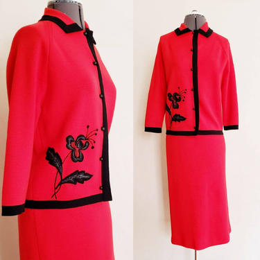 1960s Dimonelli Red Knit Wool Skirt Suit Embroidered Flowers / 60s Sweater Jacket Matching Skirt Ensemble Designer Italian 