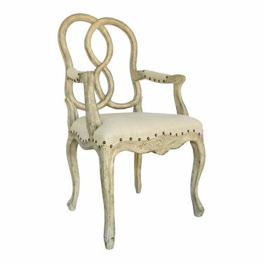 Transitional Greige Finished Craved Mahogany Ribbon Arm Chair