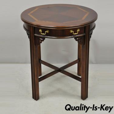 Lane Mahogany Chinese Chippendale Round Lamp Accent Side Table with Drawer