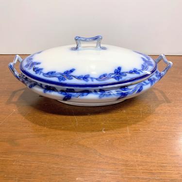 Antique J & G Meakin Flow Blue China Oval Covered Vegetable Dish 
