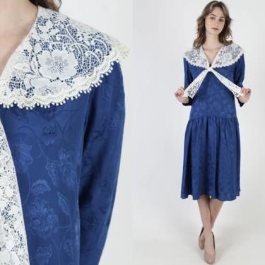Vintage 80s Gunne Sax Shiny Blue Dress / Plain Floral Sheer Lace Tie Collar / Womens Simple Casual Tea Party Midi Mini Dress Size 9 