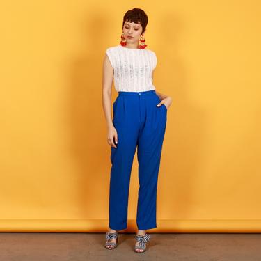 80s Jewel Blue Straight Leg Pants Vintage High Waisted Lined Trousers 