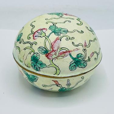 Vintage House Of Global Art Enamel Trinket Box With Floral Pale Yellow Butterflies 
