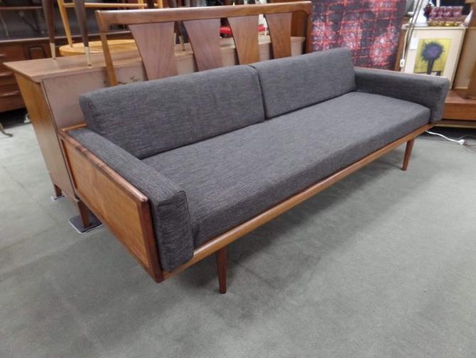 Walnut framed MCM sofa with new grey upholstery from Peg