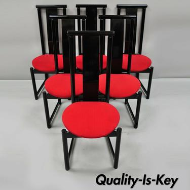 Set of 6 Black Lacquer Italian Post Modern Memphis Style Dining Chairs Red Seat