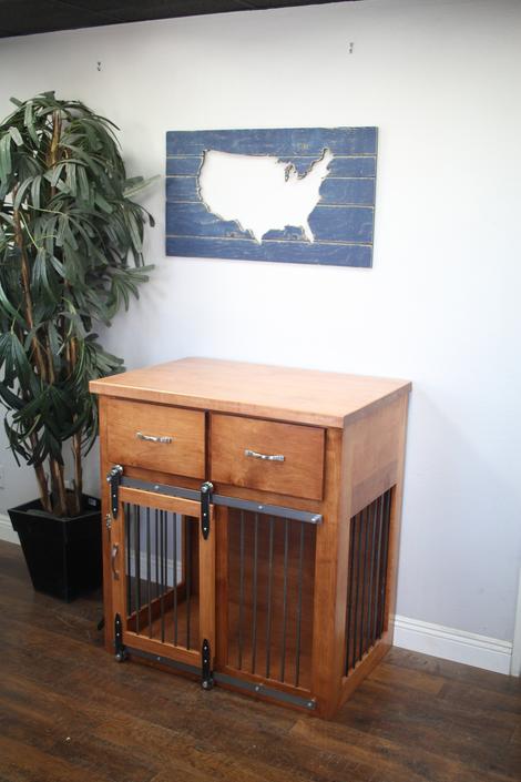 Dog Crate with Drawers on Face - Sliding barn door / crate with storage / Dog House / rustic furniture / farmhouse pet / dog kennel / Custom 