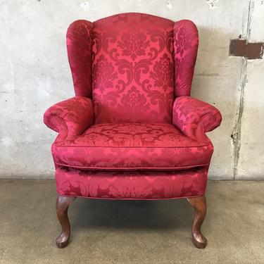 Vintage Wingback Chair - New Upholstery in Red Damask Fabric