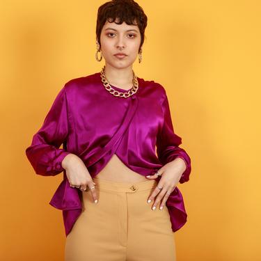 80s Purple Jewel Tone Silk Blouse Vintage Long Sleeve Elegant Formal Top 