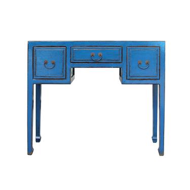 Chinese Distressed Bright Blue Lacquer 3 Drawers Table Desk cs5455S