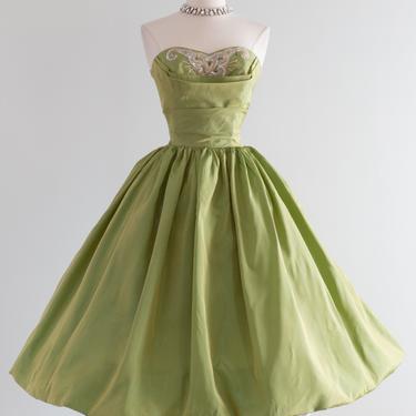 Vintage 1950's Iridescent Green Strapless Party Dress / Waist 24
