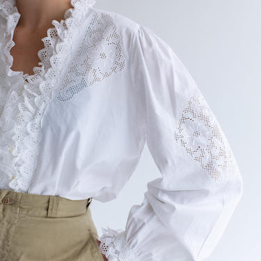 Vintage White Grid Eyelet Poet Blouse | Puff Sleeve Shirt | Romantic Cotton Folk Blouse | M L 