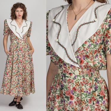 80s Floral Oversize Collar Grunge Dress - Extra Small | Vintage Fit &amp; Flare Puff Sleeve Maxi 