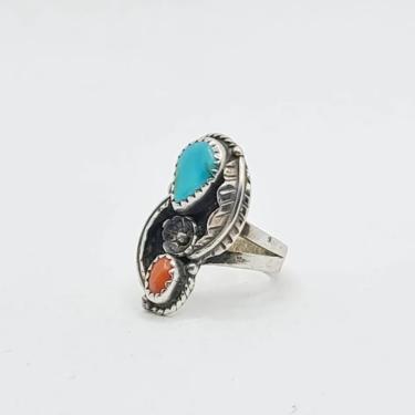 Native American Carnelian and Turquoise Ring Set in a Beautiful Sterling Silver Setting of Leaves and floral. Size 6 