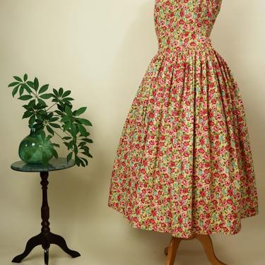 Vintage 80's Yellow Floral Fit and Flare Dress - S 