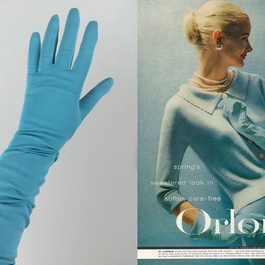 The Incredible Hues of Blue - Vintage 1950s Hansen Manganese Blue Nylon Section Shirred Long Gloves -  6 to 6 1/2 