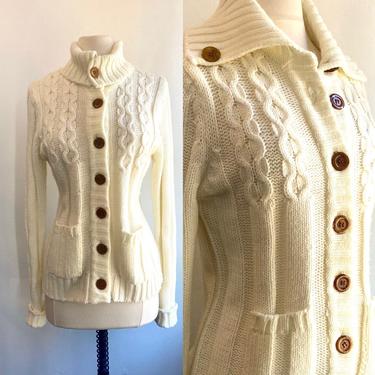 Vintage 70s FISHERMAN Knit Style Cardigan With Turtleneck Option / Faux Tortoise Buttons + Pockets / Hand Loomed / Made in Korea 
