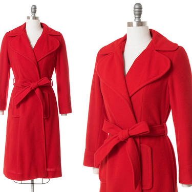 Vintage 1970s Wrap Coat | 70s Bright Red Belted Long Princess Trench Coat (small) 