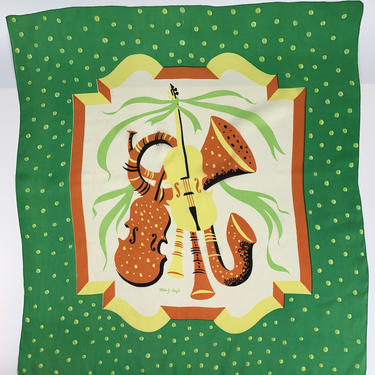 1950'S All Silk Scarf -  TAMMIS KEEFE Designer Scarf - With Musical Instruments - Rolled Hem - 31 x 34 Inches 
