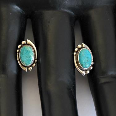 Little 70's sterling turquoise classic Navajo design studs, lovely oval blue green stone 925 silver Southwestern dainty post earrings 