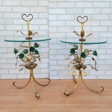 Italian Flower Tole Gold Gilt Side Table with Glass Top with Rope Heart - Pair