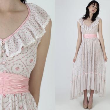 Jody T Calico Floral Maxi Dress / Vintage 70s Country Prairie Dress / Sheer White Asymmetrical Hem Hippie Dress 