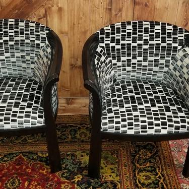 Hollywood Regency Interior Crafts Ebonized Barrel Back Chairs Newly Upholstered - Pair