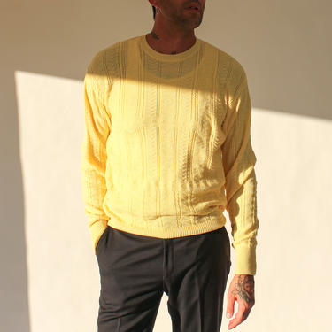 Vintage 80s Polo Ralph Lauren Light Yellow Geometric Knit Pullover Sweater | 100% Cotton | 1980s Designer Textured Knit Crewneck Sweater 