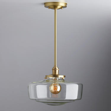 Large  Clear Glass - Mid century modern - pendant lighting - hand blown glass - ceiling fixture - brass light - ceiling light 
