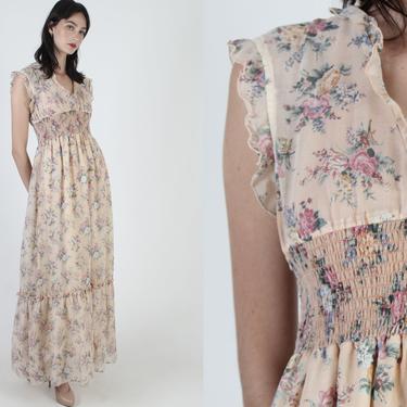 Dusty Rose Romantic Long Dress / 70s Blush Color Floral Dress / Womens Country Prairie Smocked Dress / Festival Ruffle Deep V Maxi 