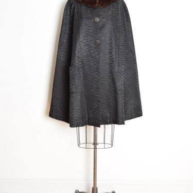vintage 60s brocade cape caplet coat jacket black brown genuine mink fur clothing 