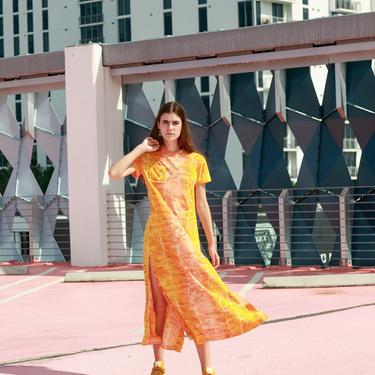 60s Orange Marble Abstract Print Slit Dress Vintage Jersey Knit Colorful Long Dress 