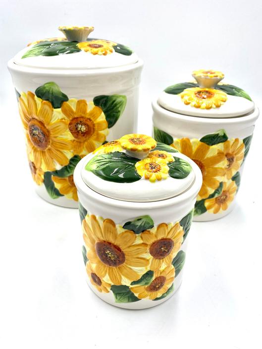4 Pieces MidCentury Mod Flower Daisy Canister Gold Mustard Nesting Canisters Storage Set