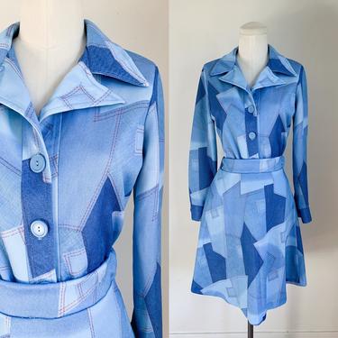 Vintage 1970s Faux Denim Patchwork Print Dress set / S-M 
