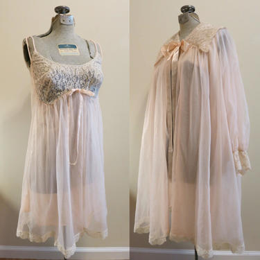 Lingerie Set Wedding Bridal pink chiffon lace sleep night gown pinup babydoll Formfit Rogers 36 M 