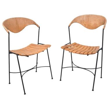 Arthur Umanoff Pair of Wood Slat Wrought Iron Dining Chairs 1950s 
