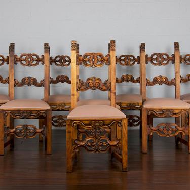 Late 19th Century Set of 8 Spanish Renaissance Revival Carved Beech Dining Chairs 
